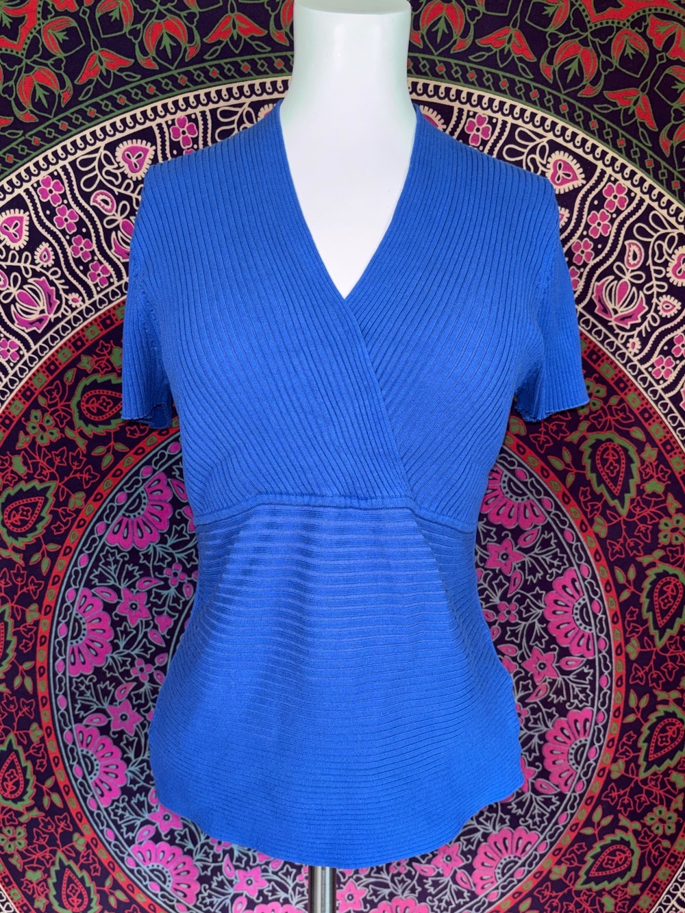 Worthington Blue V-Neck Striped Knit Short Sleeve Top Women’s Size XL